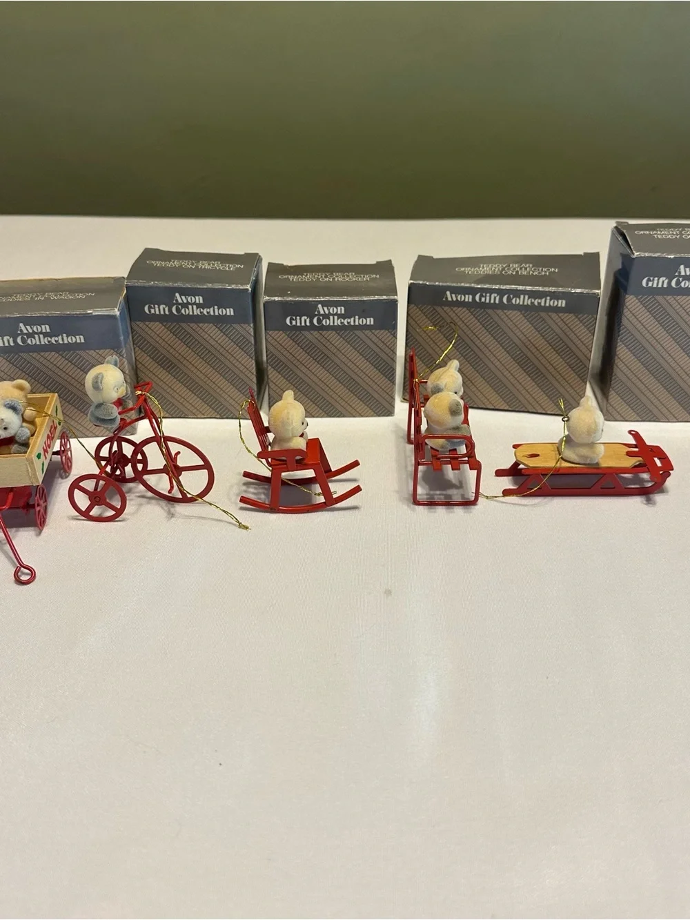 Vintage Avon Gift Collection White Teddy Bear Ornaments with Red Accents